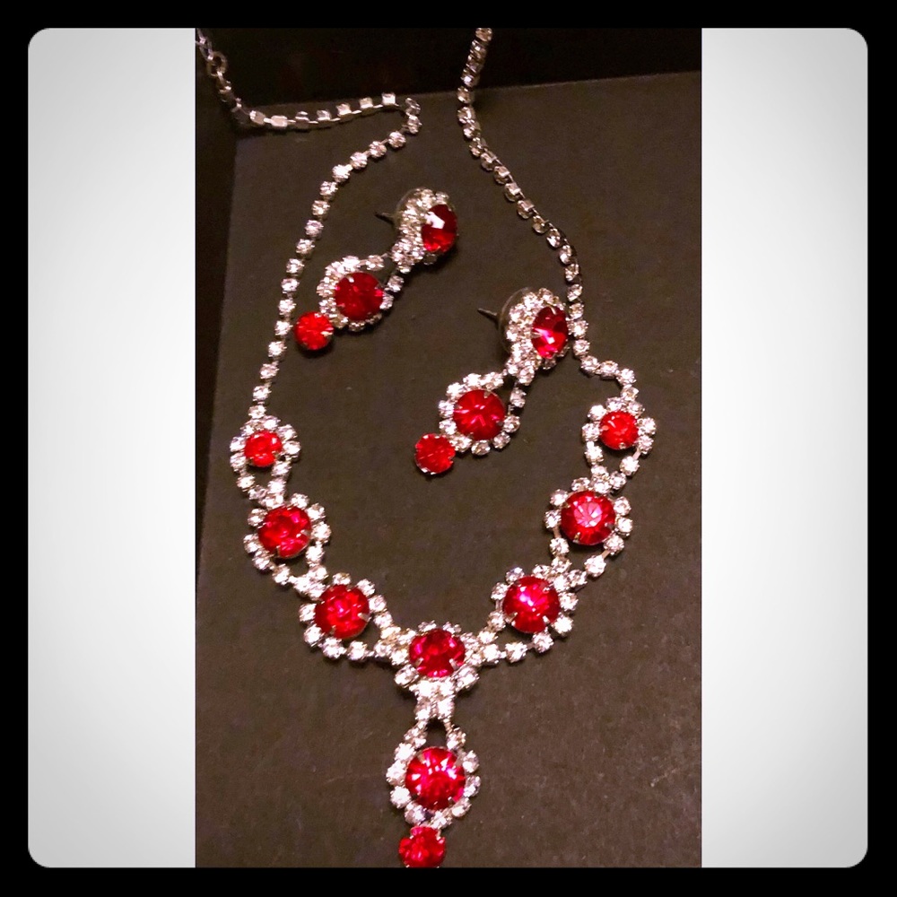 Red and Clear Stone Necklace and Earring Set